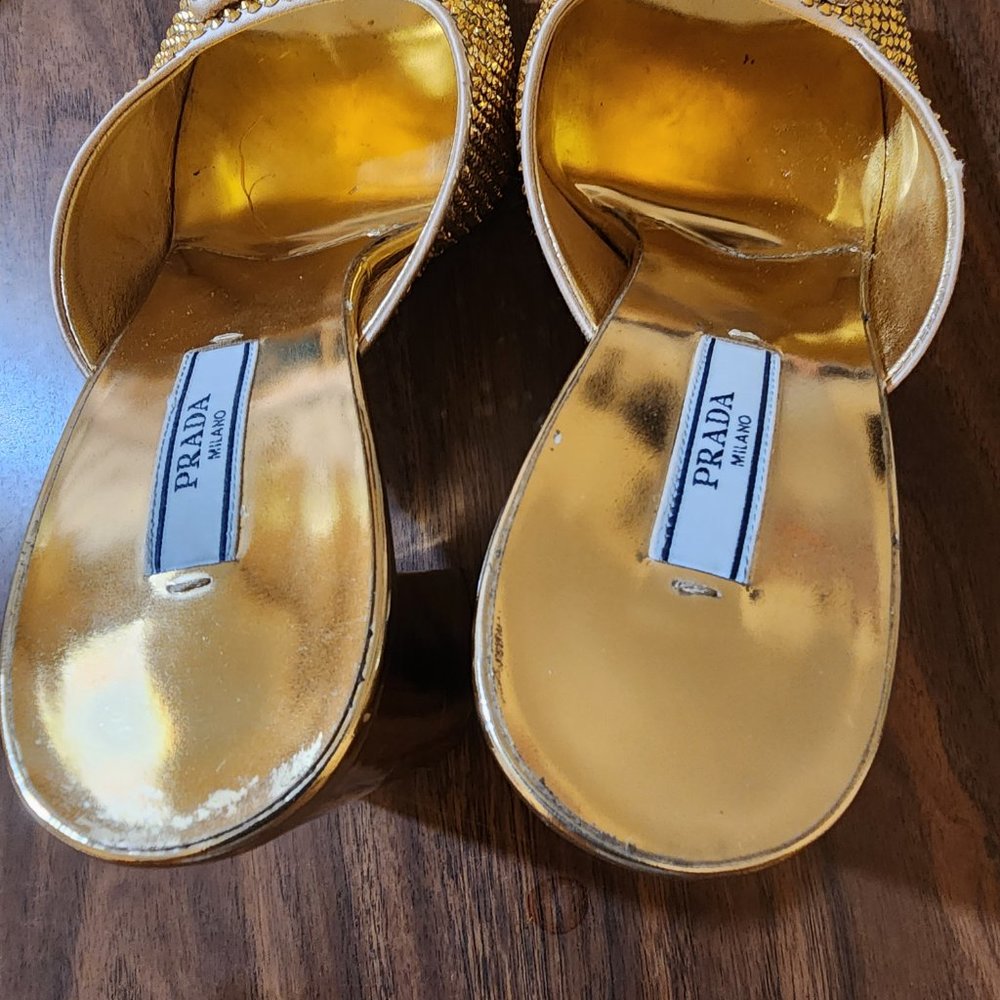 Prada Gold Crystal High Heel Satin Slides - Picture 2 of 5